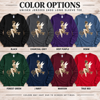 A color chart showing all the color options for Fairy Key pinup fairy graphic long sleeve t-shirt.