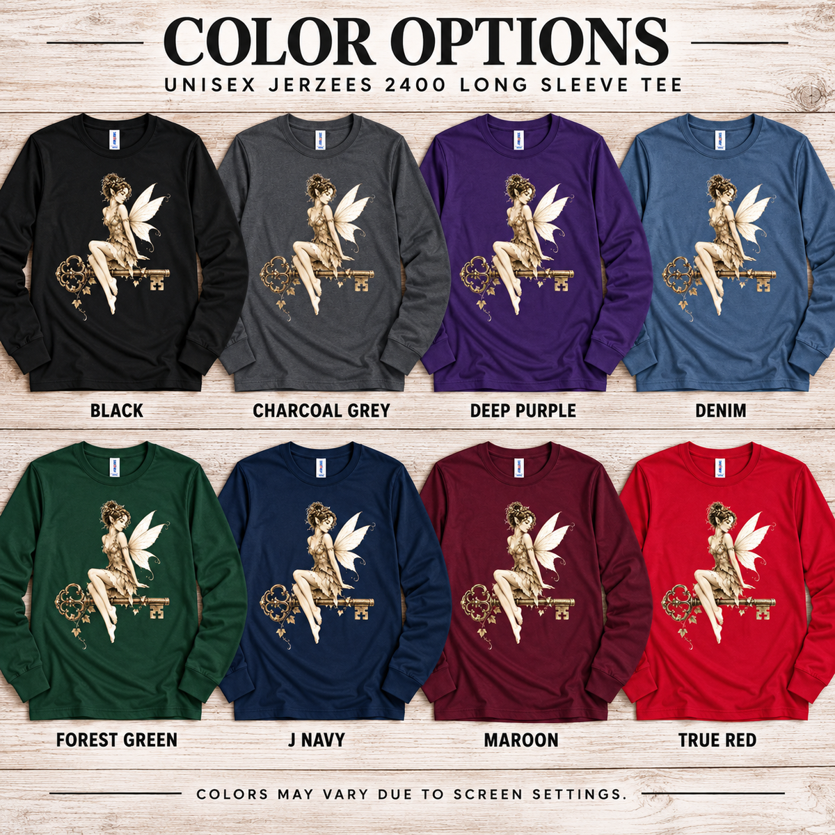A color chart showing all the color options for Fairy Key pinup fairy graphic long sleeve t-shirt.