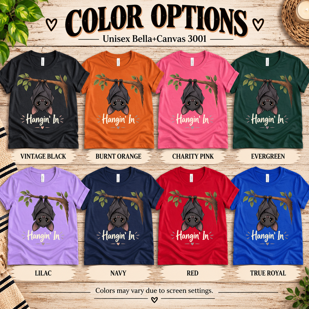 A color chart showing all the color options for Hangin' In cute introvert graphic t-shirt.