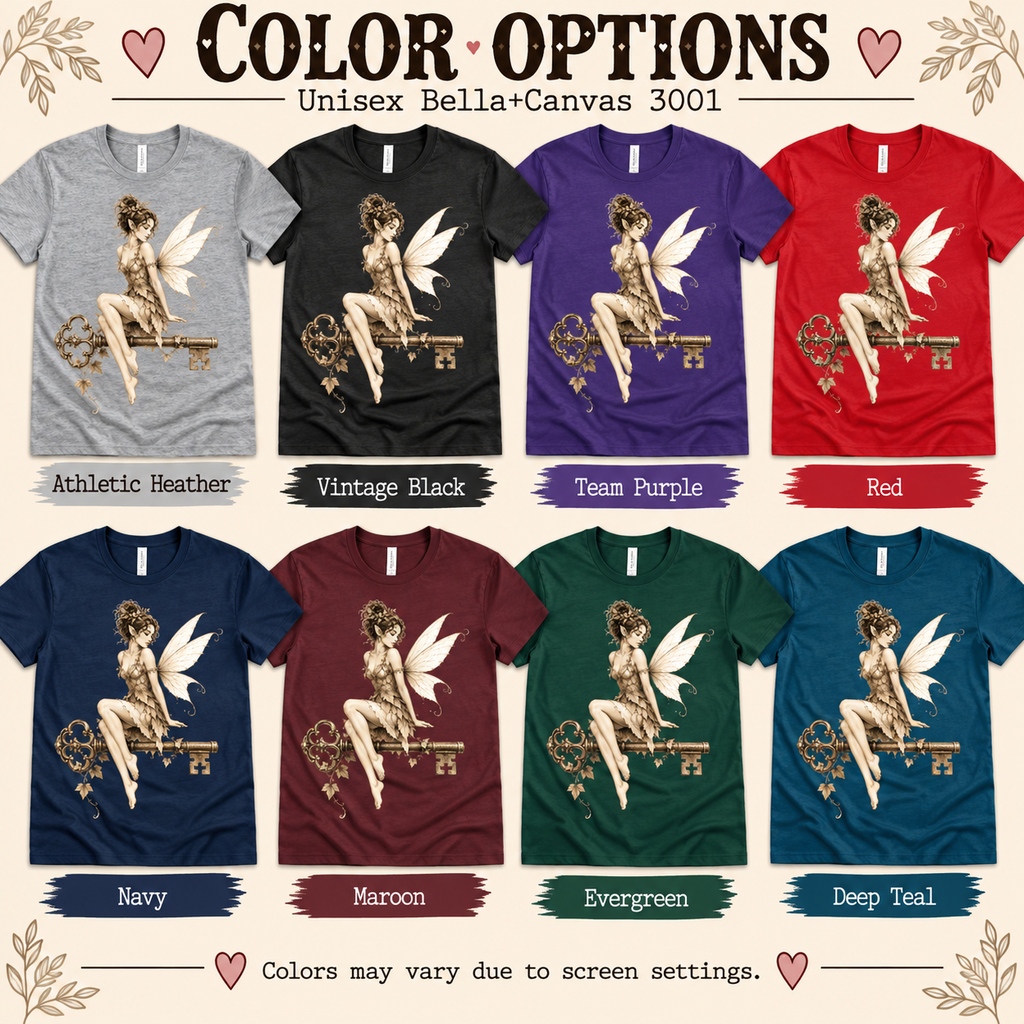 A color chart showing all the color options for Key Fairy pinup graphic t-shirt.
