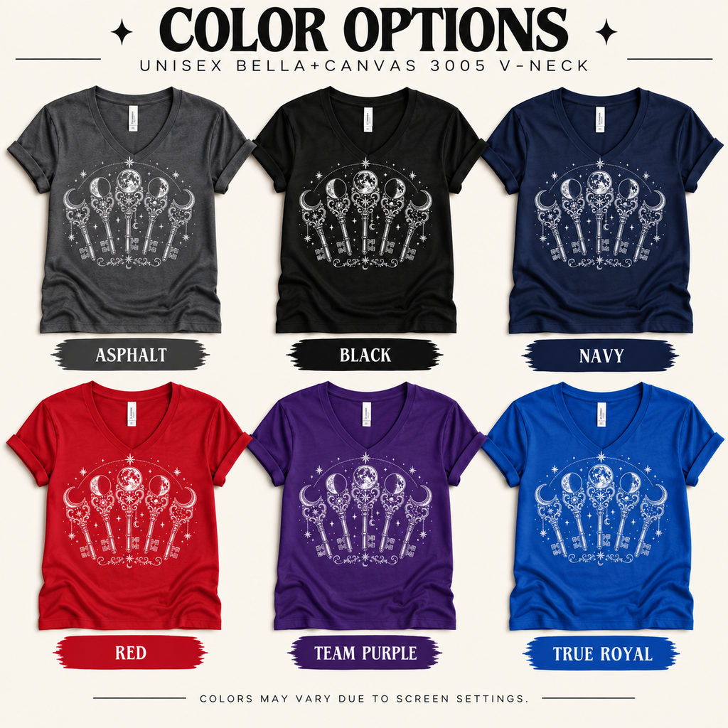A color chart showing all the color options for Moon Phase Keys celestial graphic v-neck.