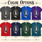A color chart showing all the color options for Mermaid Cameo vintage pinup graphic t-shirt.