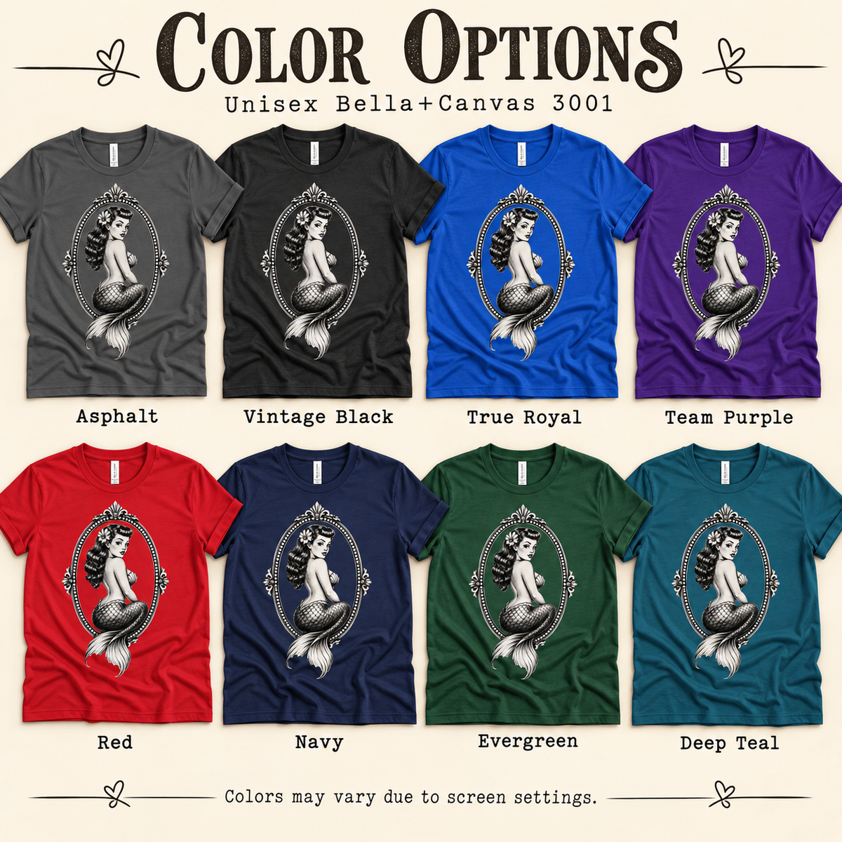 A color chart showing all the color options for Mermaid Cameo vintage pinup graphic t-shirt.