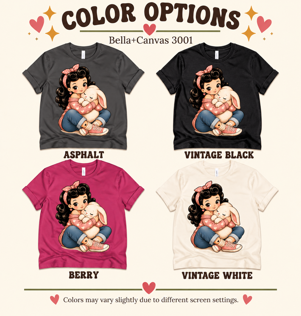A color chart showing all the color options for Bunny Bonnie cute pinup graphic t-shirt.