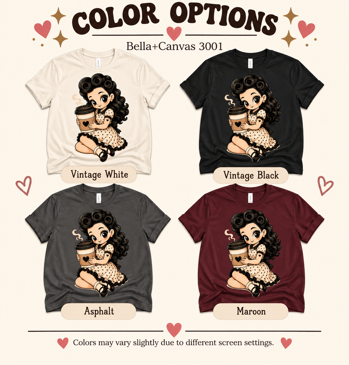 A color chart showing all the color options for Coffee Clara cute pinup graphic t-shirt.