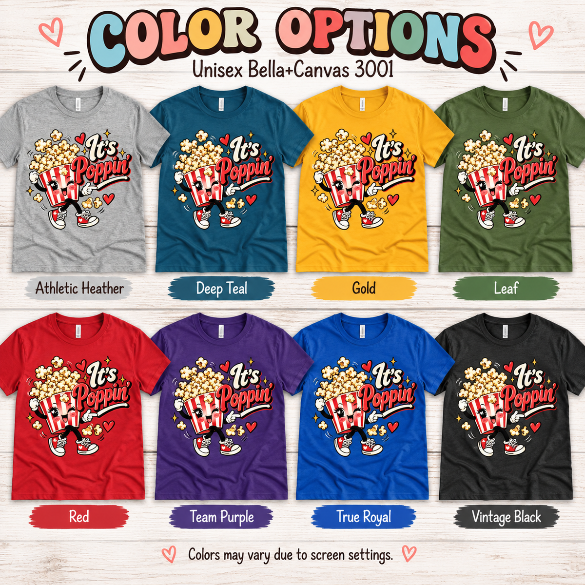 A color chart showing all the color options for It's Poppin' retro food graphic t-shirt.