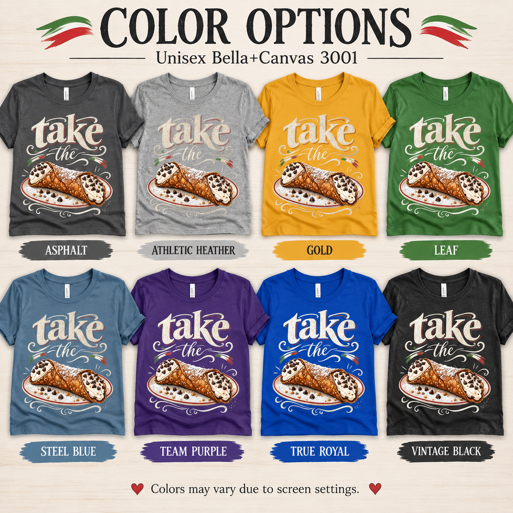 A color chart showing all the color options for Cannoli funny food graphic t-shirt.
