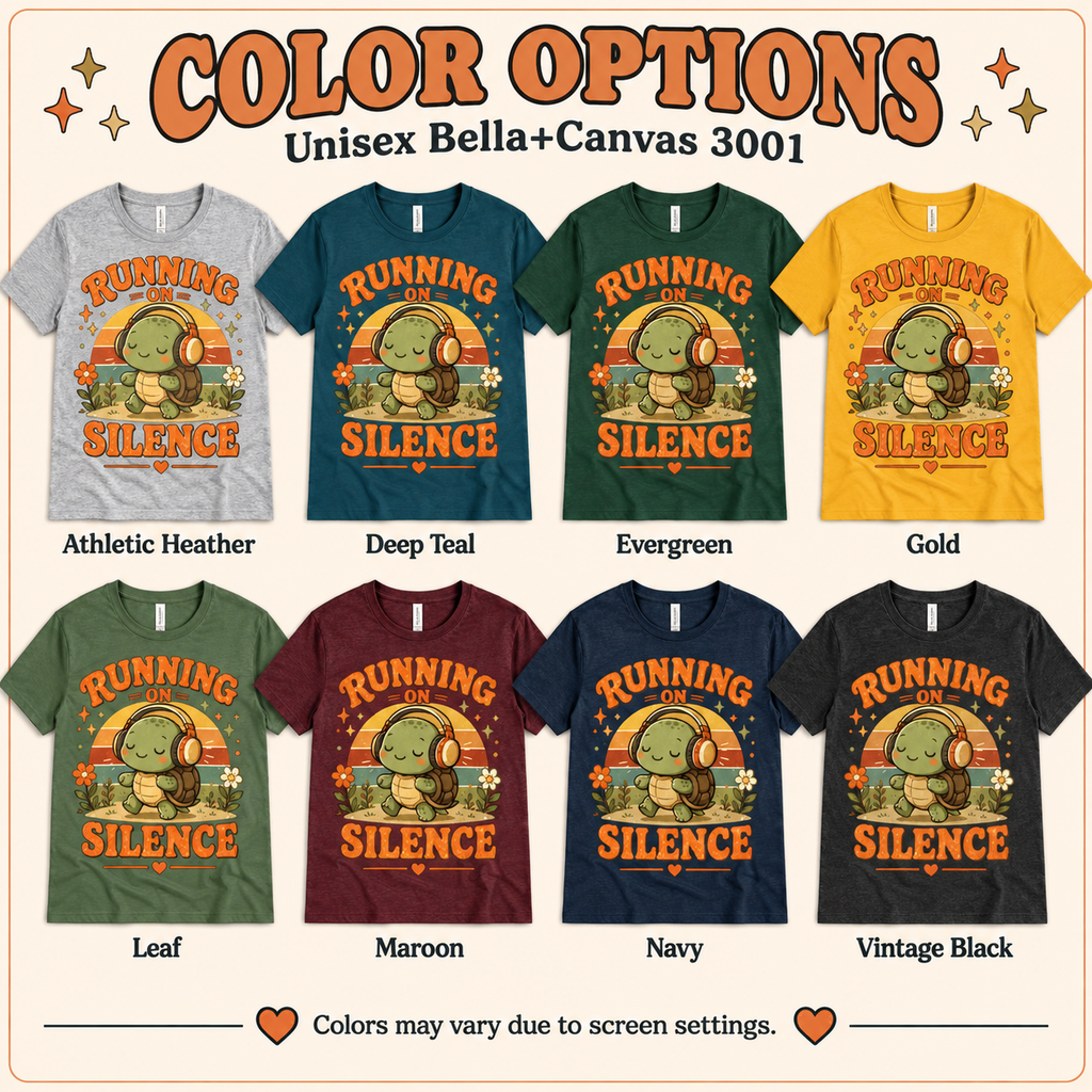 A color chart showing all the color options for Running on Silence cute animal graphic t-shirt.