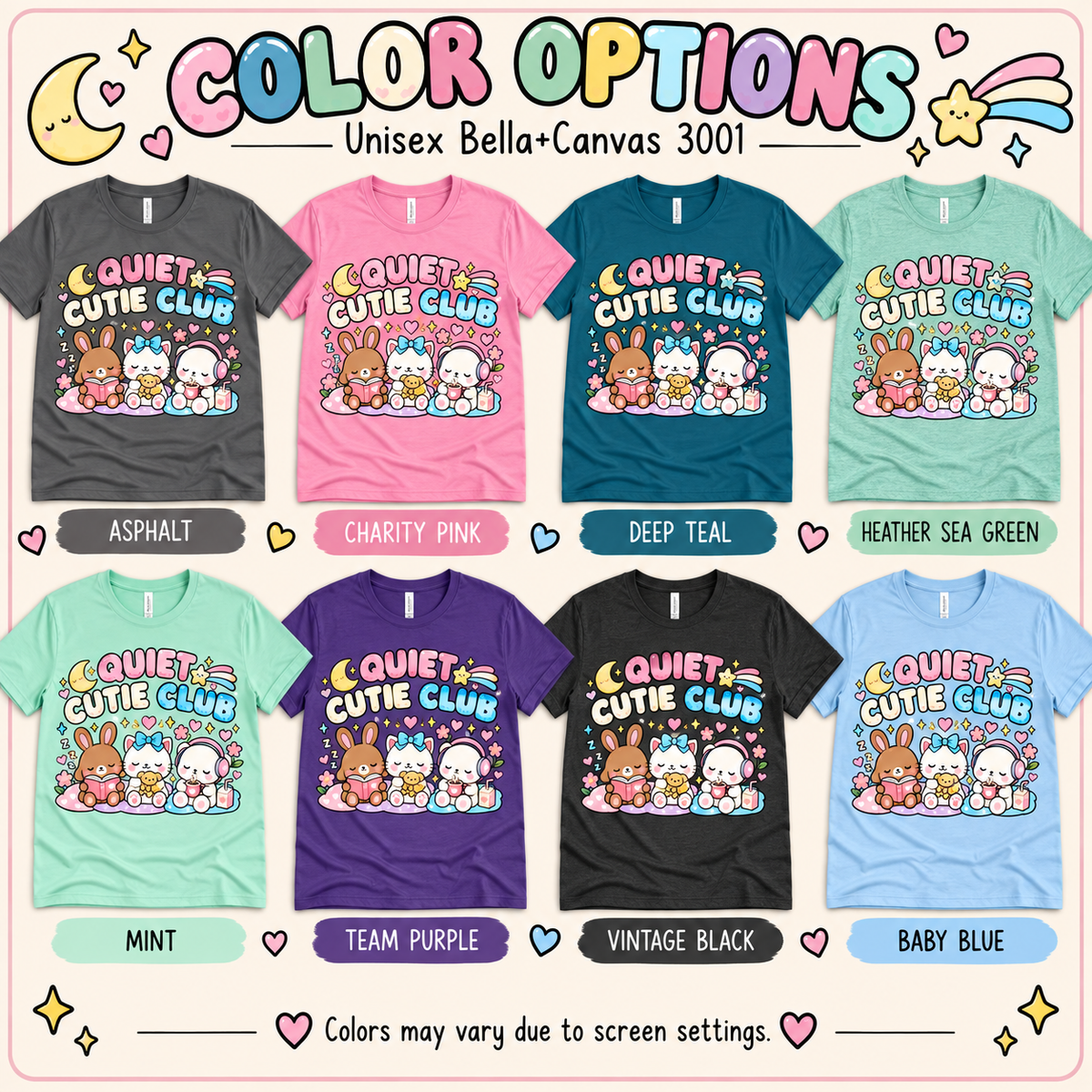 A color chart showing all the color options for Quiet Cutie Club cute animal graphic t-shirt.