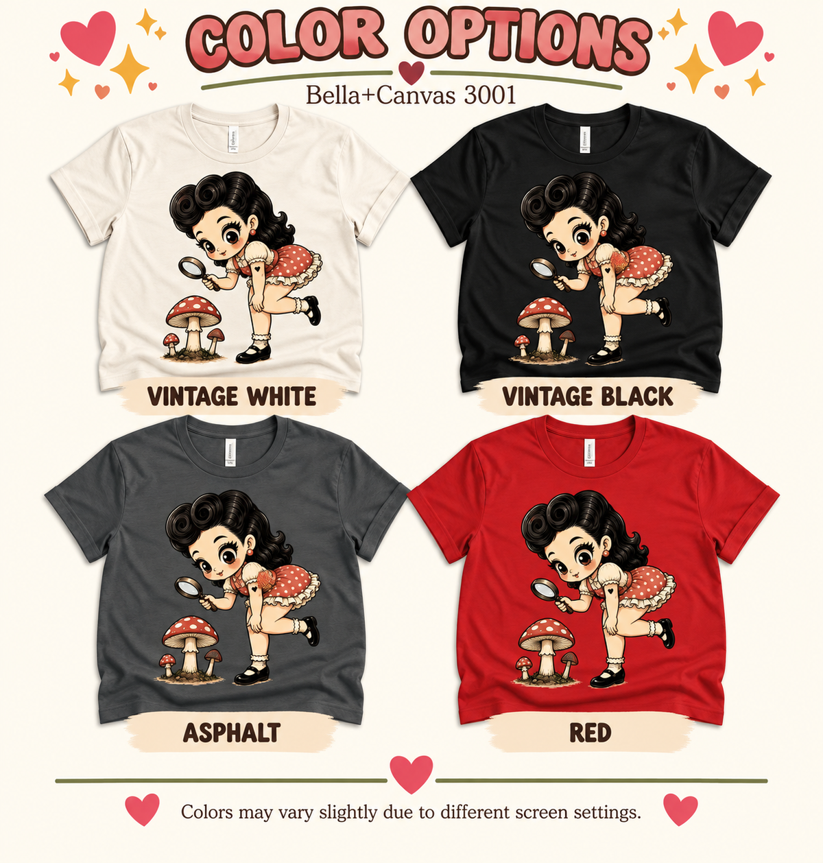 A color chart showing all the color options for Mushroom Mabel cute pinup graphic t-shirt.