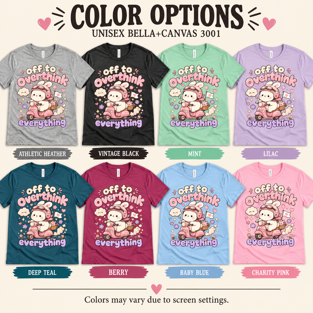 A color chart showing all the color options for Overthink Bunny cute animal graphic t-shirt.