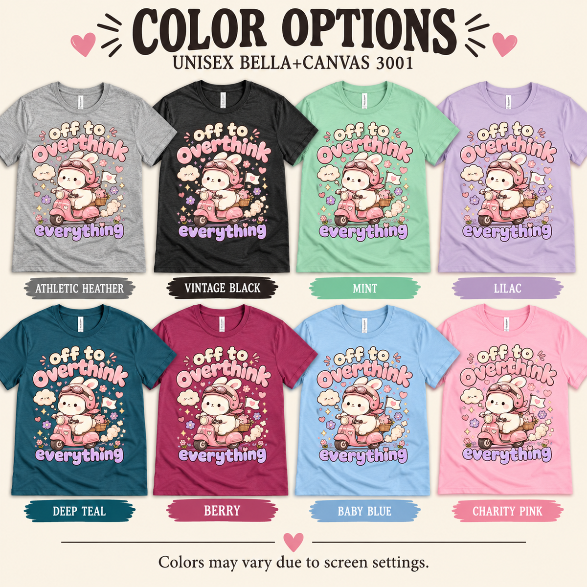 A color chart showing all the color options for Overthink Bunny cute animal graphic t-shirt.