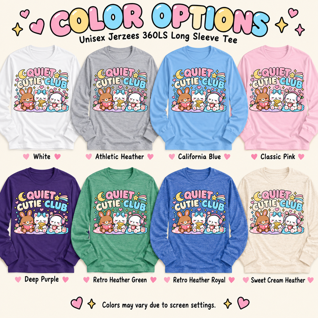 A color chart showing all the color options for Quiet Cutie Club introvert graphic long sleeve.