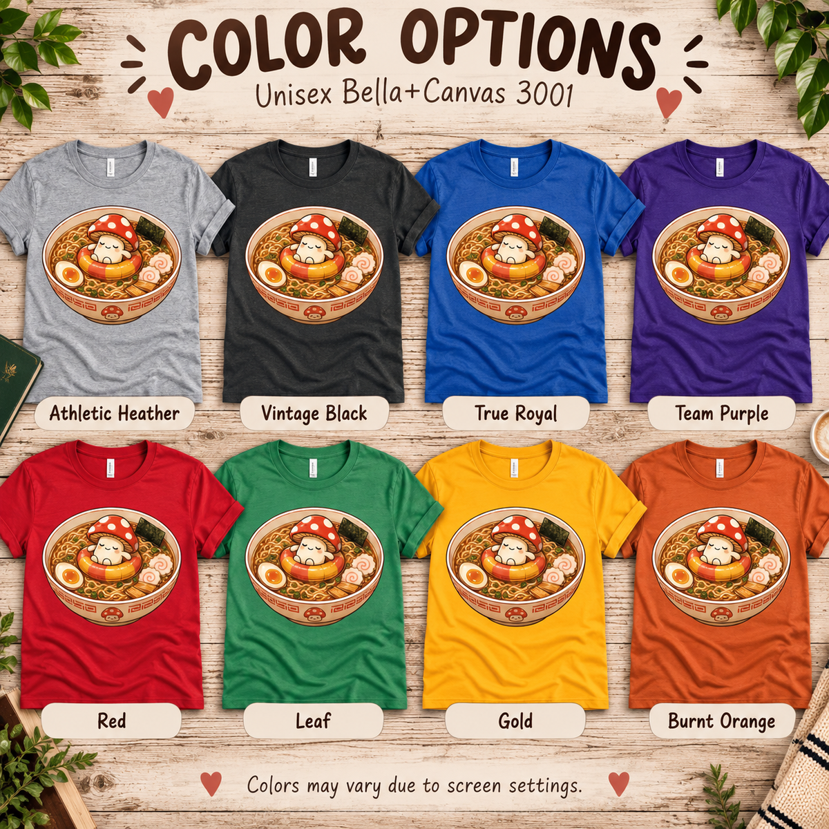 A color chart showing all the color options for Mushroom Float cute food graphic t-shirt.
