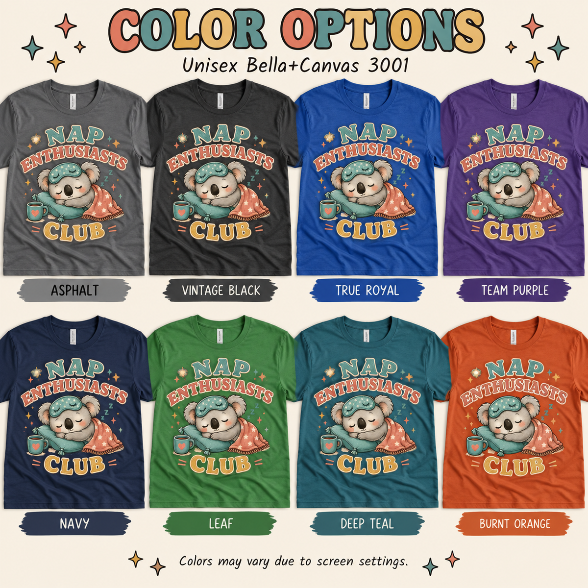 A color chart showing all the color options for Nap Enthusiasts Club cute animal graphic t-shirt.