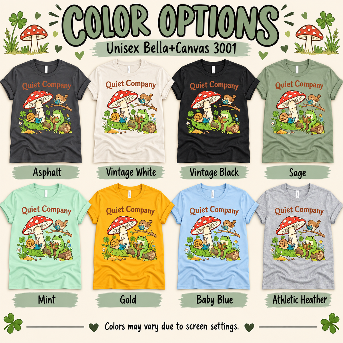 A color chart showing all the color options for Quiet Company cute cottagecore graphic t-shirt.