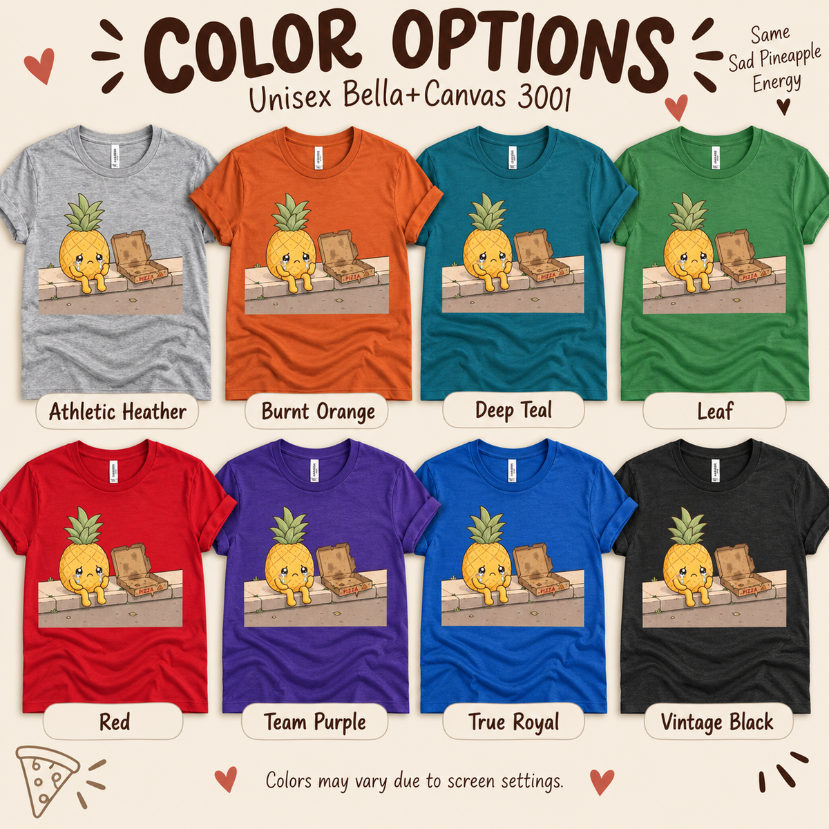 A color chart showing all the color options for Pineapple Pizza funny food graphic t-shirt.