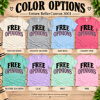 A color chart showing all the color options for Free Opinions funny introvert graphic t-shirt.
