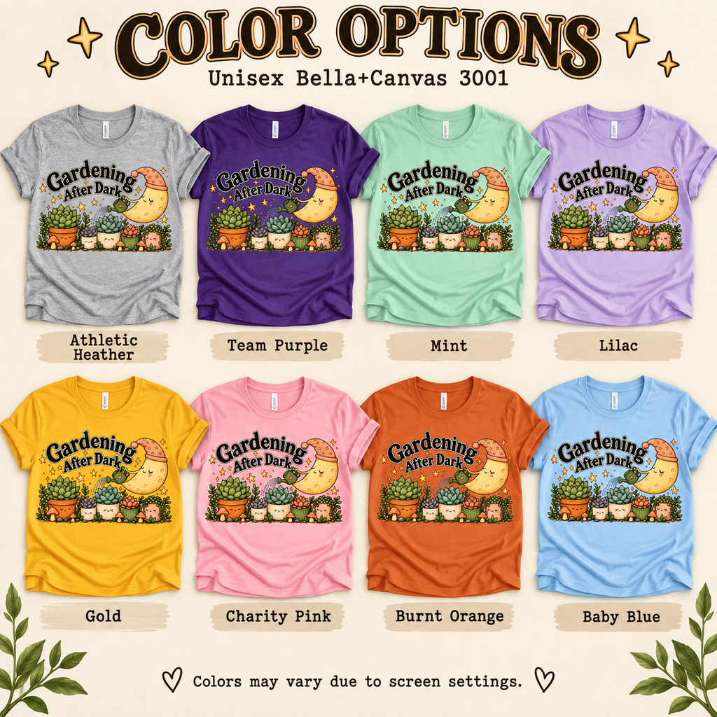 A color chart showing all the color options for Gardening After Dark cute cottagecore graphic t-shirt.