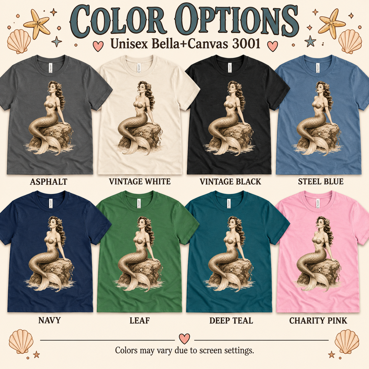 A color chart showing all the color options for Beach Mermaid pinup graphic t-shirt.