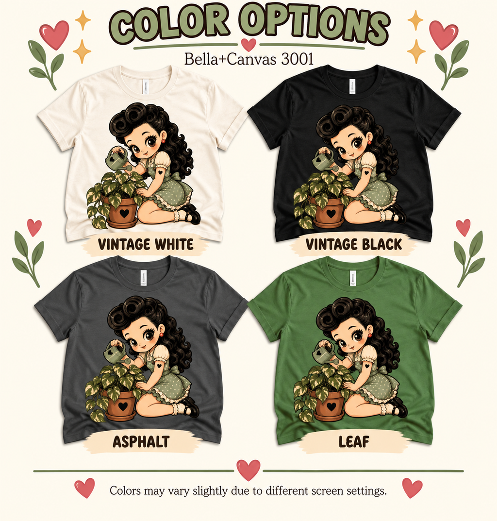 A color chart showing all the color options for Plant Penny cute pinup graphic t-shirt.