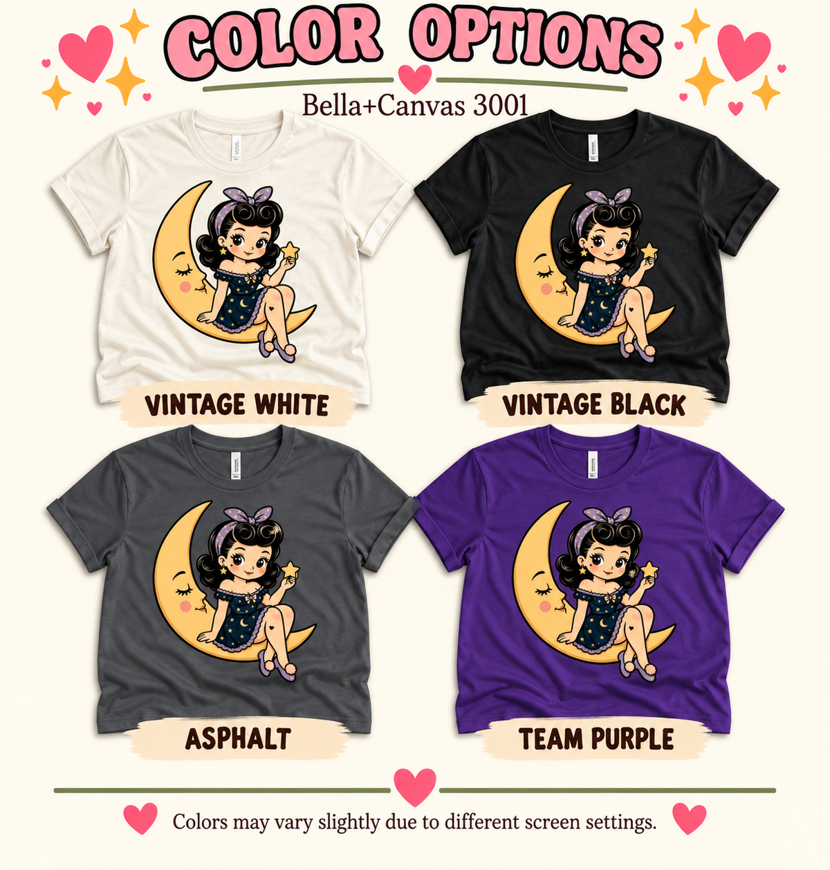 A color chart showing all the color options for Moonlight Millie cute pinup graphic t-shirt.