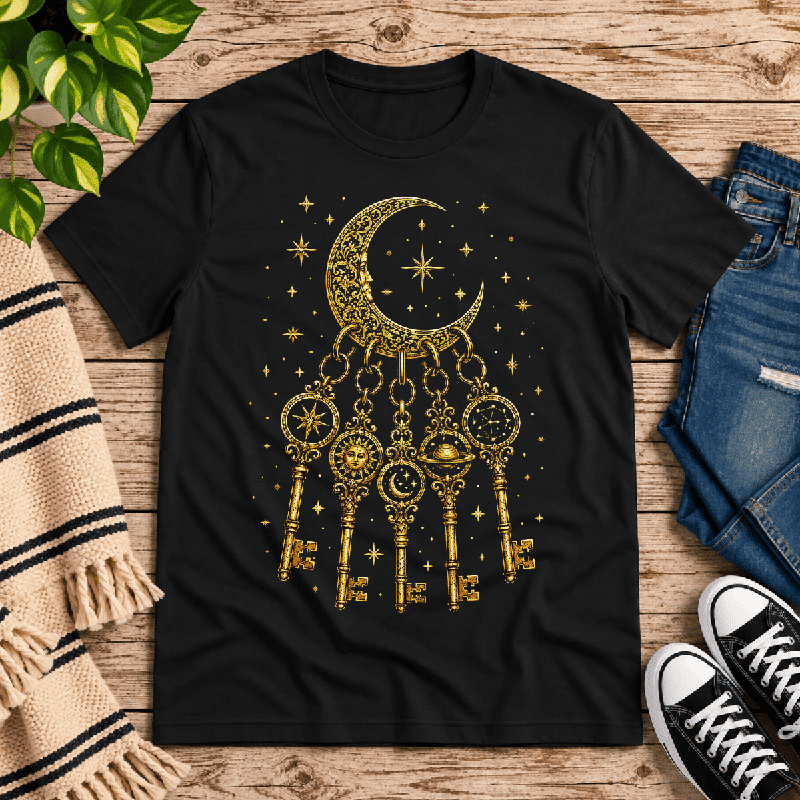 Cosmic Keyring Premium T-Shirt in vintage black, flat lay