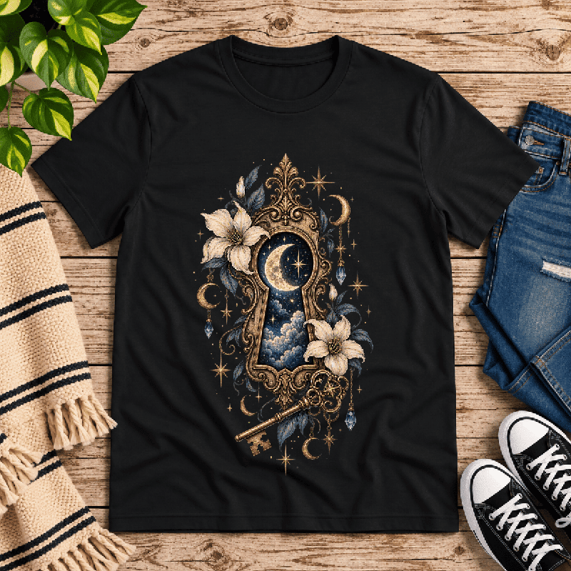 Cosmos Keyhole Premium T-Shirt in vintage black, flat lay