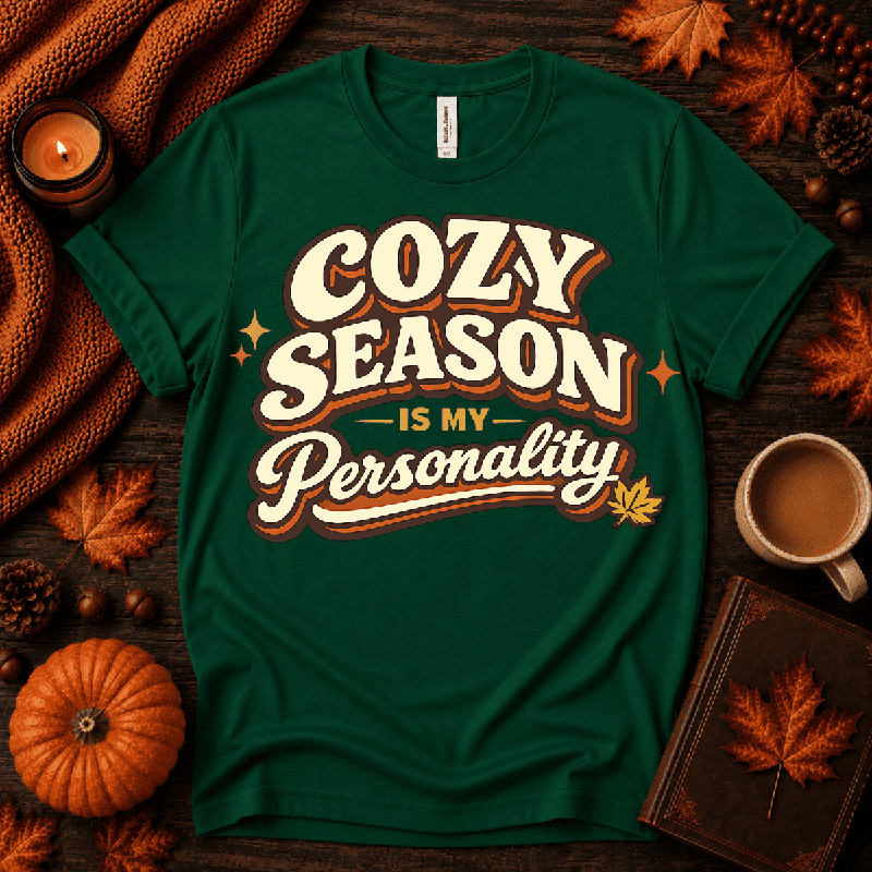 Cozy Season Premium T-Shirt in evergreen, flat lay with fall props