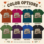 Cozy Season Premium T-Shirt color chart: Autumn, Berry, Deep Teal, Evergreen, Leaf, Team Purple, True Royal, Vintage Black