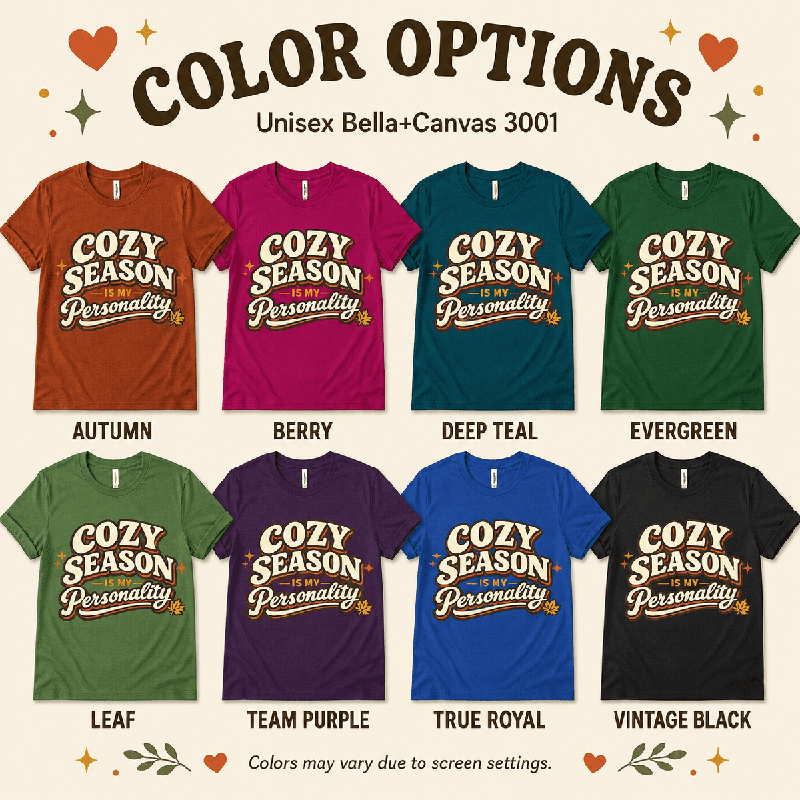 Cozy Season Premium T-Shirt color chart: Autumn, Berry, Deep Teal, Evergreen, Leaf, Team Purple, True Royal, Vintage Black