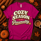 Cozy Season Premium T-Shirt in berry, flat lay with fall props