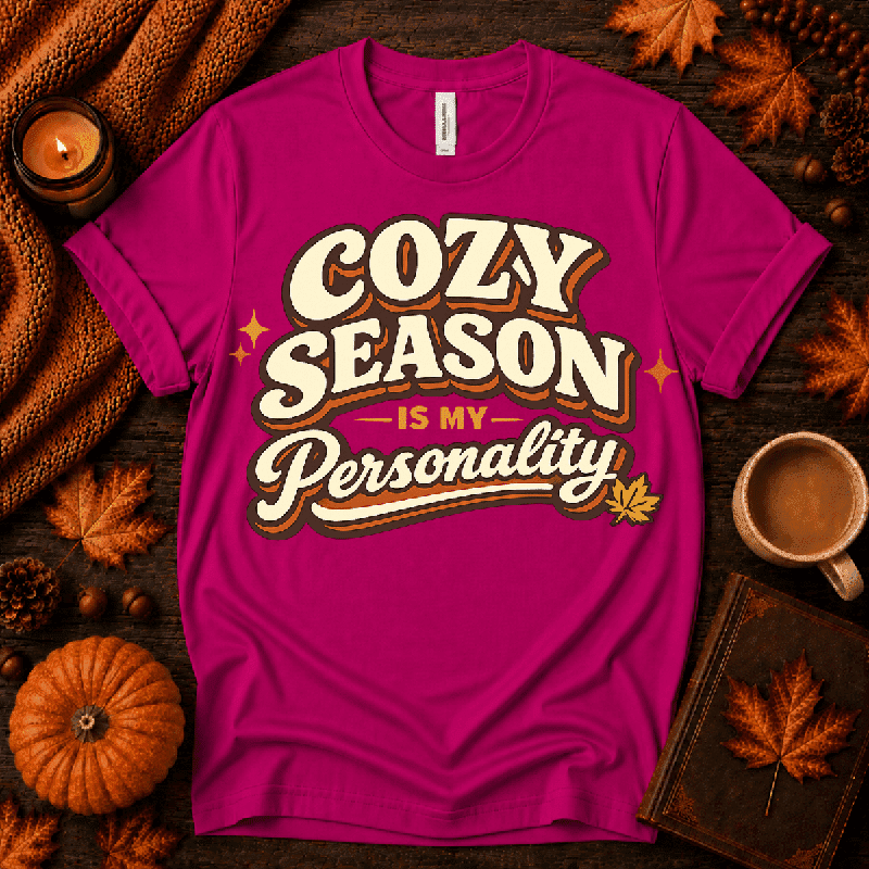 Cozy Season Premium T-Shirt in berry, flat lay with fall props
