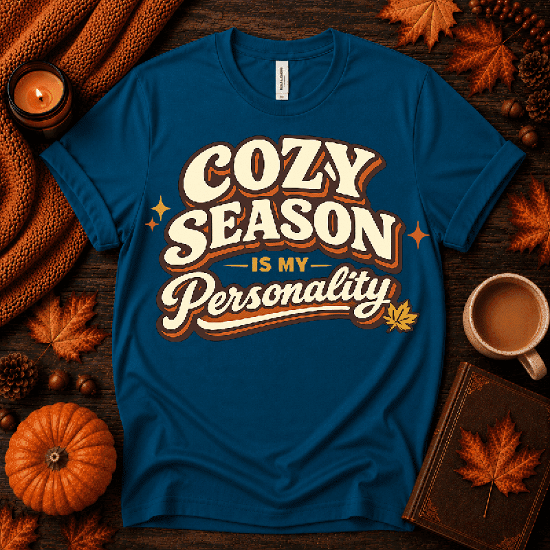 Cozy Season Premium T-Shirt in deep teal, flat lay with fall props