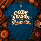 Cozy Season Premium T-Shirt in deep teal, flat lay with fall props