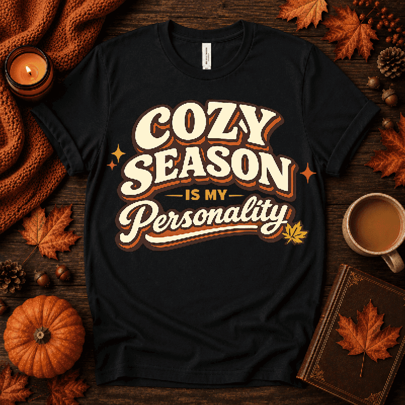 Cozy Season Premium T-Shirt in vintage black, flat lay with fall props