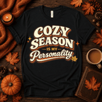 Cozy Season Premium T-Shirt in vintage black, flat lay with fall props