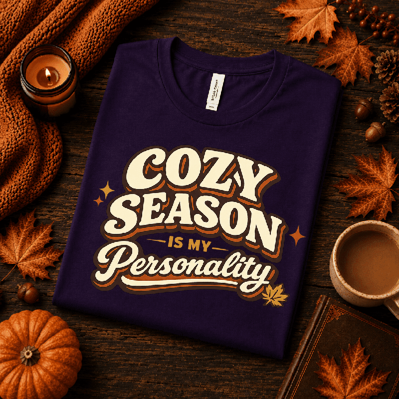 Cozy Season Premium T-Shirt in team purple, folded close-up with fall props