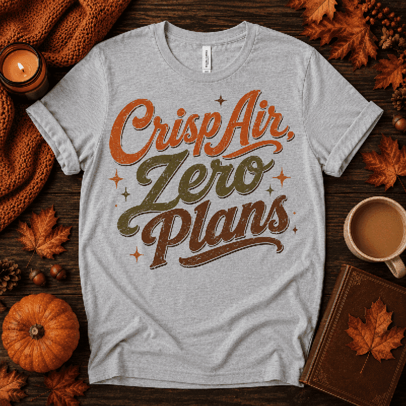 Crisp Air Premium T-Shirt in athletic heather gray, flat lay with autumn props
