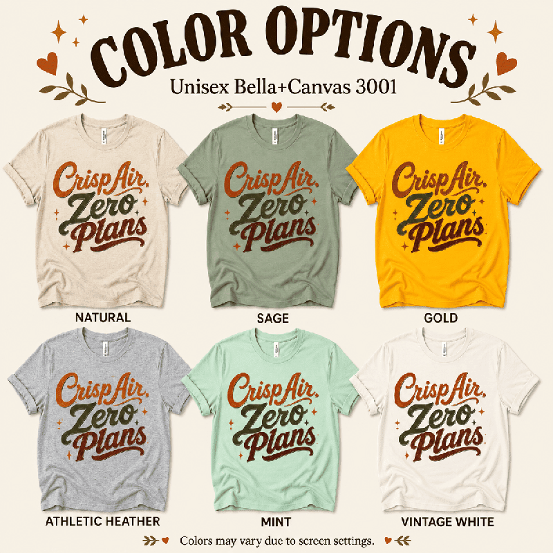 Crisp Air Premium T-Shirt color chart: Athletic Heather, Gold, Mint, Natural, Sage, Vintage White