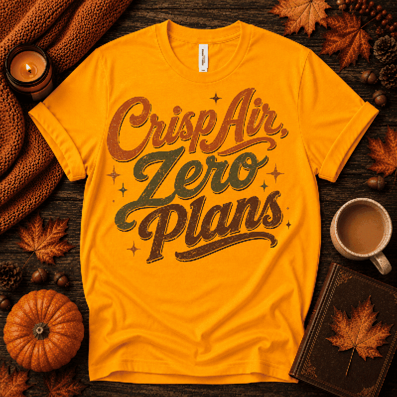 Crisp Air Premium T-Shirt in gold, flat lay with autumn props