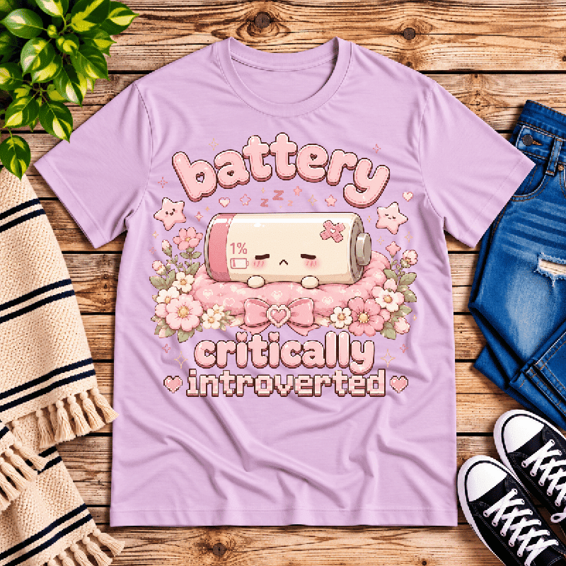 Critical Battery Premium T-Shirt in lilac, flat lay with sleepy kawaii battery character and floral graphic
