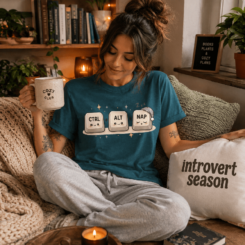 Woman sitting on a couch holding a mug, wearing the CTRL + ALT + NAP Premium T-Shirt in deep teal