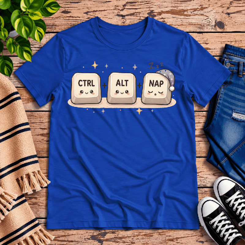 CTRL + ALT + NAP Premium T-Shirt in true royal blue, flat lay