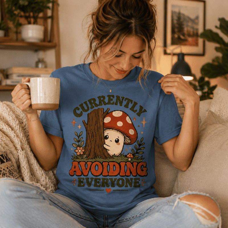Woman holding a mug, wearing the Currently Avoiding Premium T-Shirt in steel blue