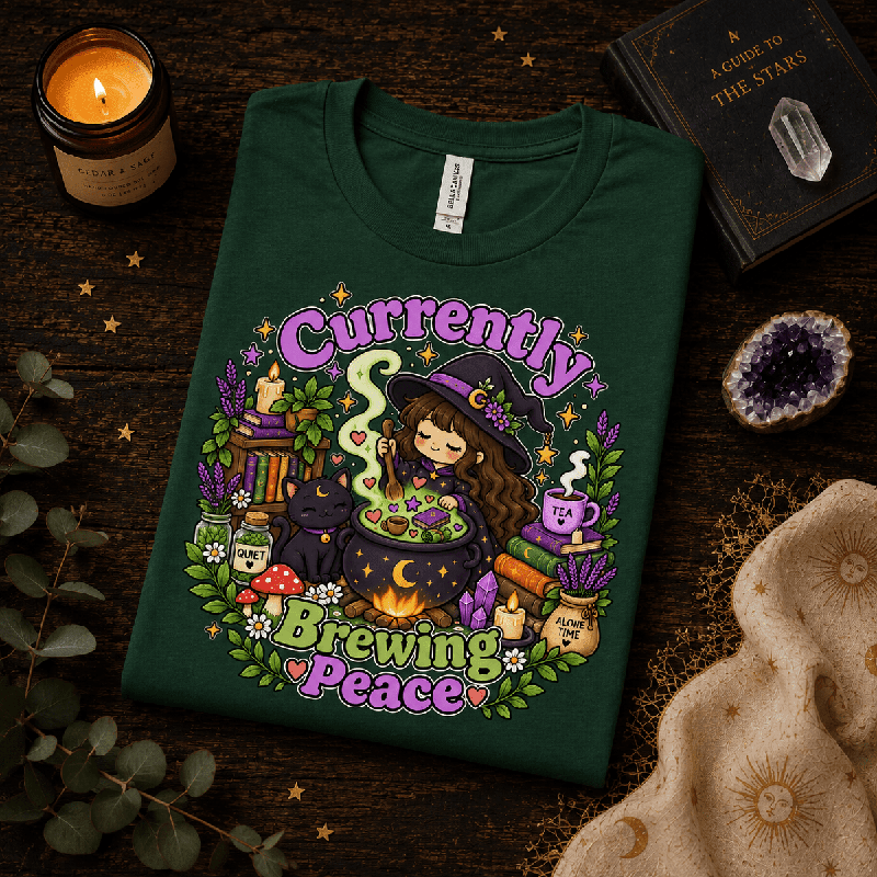 Currently Brewing Premium T-Shirt in evergreen, folded close-up styled with a candle and crystal