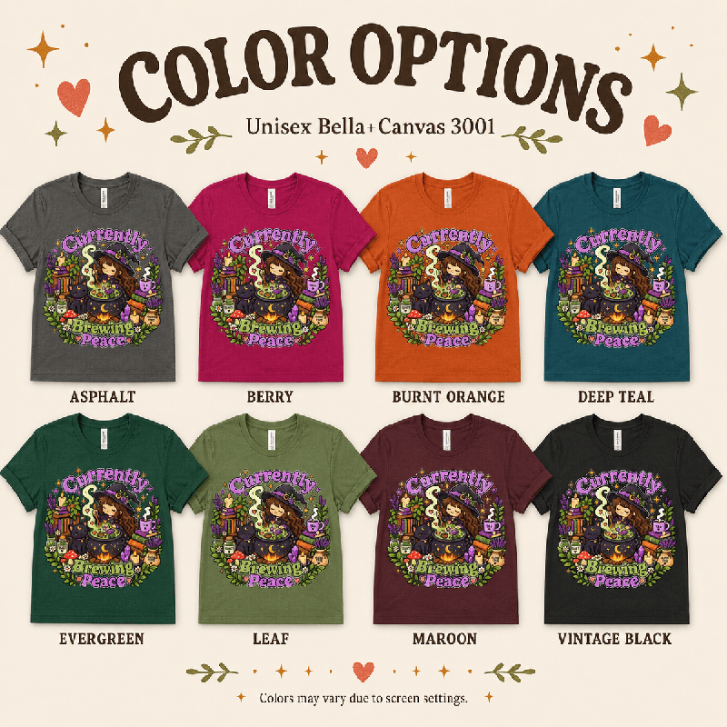 Currently Brewing Premium T-Shirt color chart: Asphalt, Berry, Burnt Orange, Deep Teal, Evergreen, Leaf, Maroon, Vintage Black