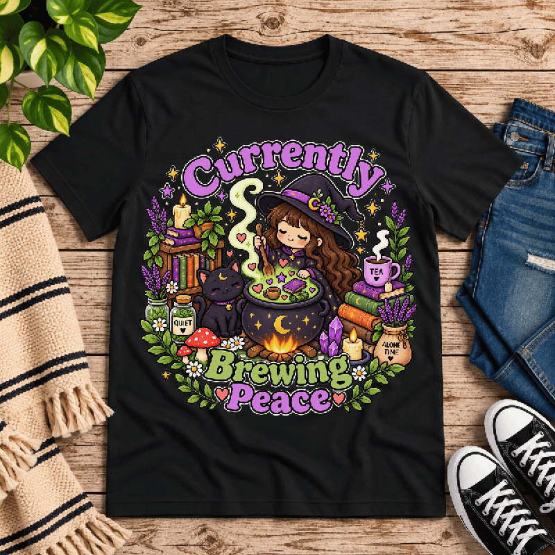 Currently Brewing Premium T-Shirt in vintage black, flat lay with witch, cauldron, and black cat "Currently Brewing Peace" graphic