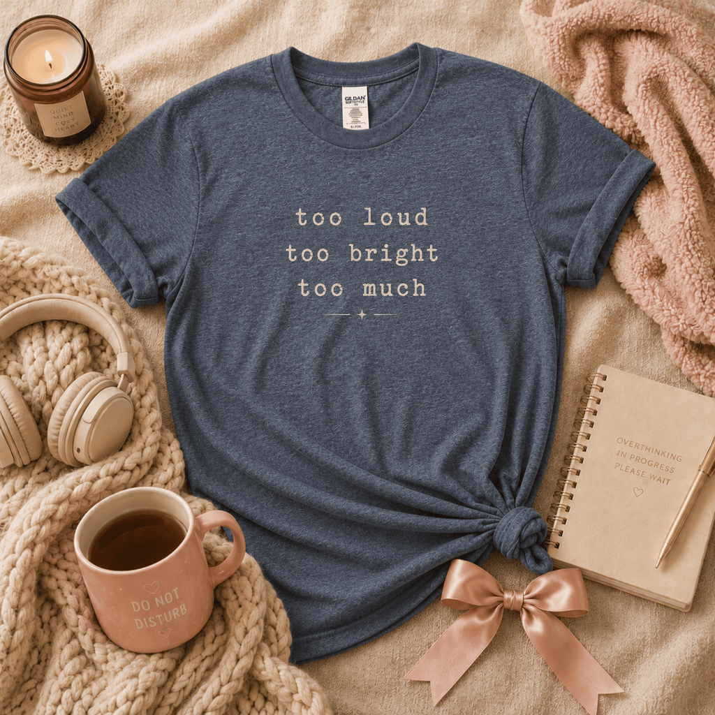 Too Much introvert graphic t-shirt cozy flat lay in dark heather.