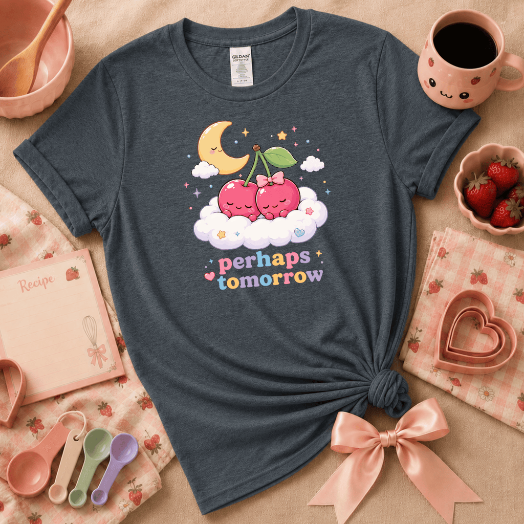 Perhaps Tomorrow Kawaii cute fruit graphic t-shirt displayed in a cozy flat lay in dark heather.